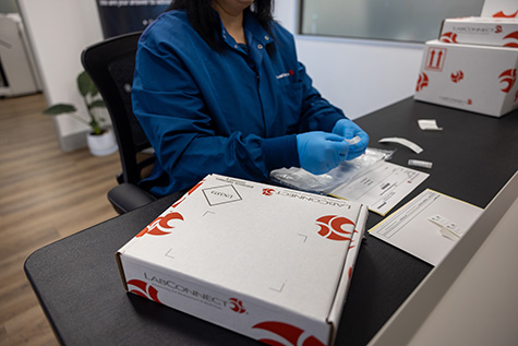 employee building lab kit at a desk